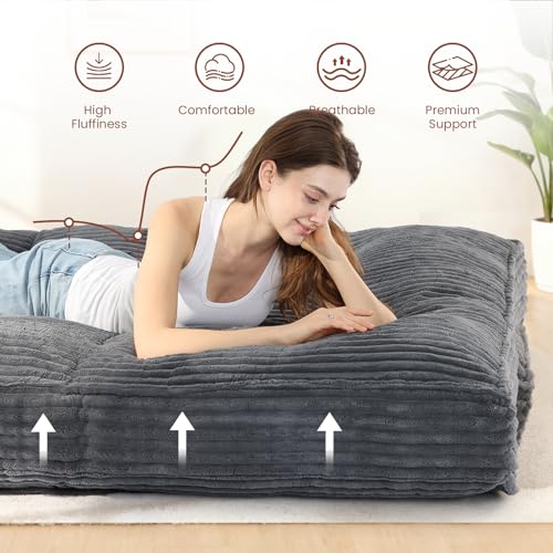 feliz home 10" Futon Mattress Queen Size,Futons Sofa Couch Bed with Straps, Thick Corduroy Floor Mattress for Adults, Roll Up Folding Mattress Shredded Foam Filling, Medium Firm (Gray, Full) feliz home