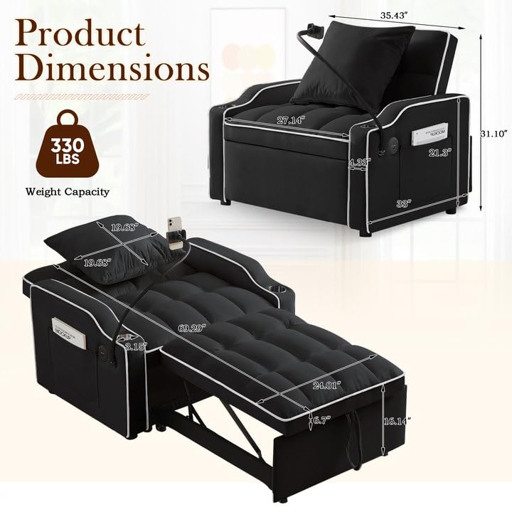 SLEERWAY 3-in-1 Convertible Futon Sofa Bed Chair, Multi-Functional Sleeper Chair Bed with Pull Out Couch and Adjustable Backrest, Modern Velvet Chaise Lounge Armchair for Living Room Bedroom, Black SLEERWAY