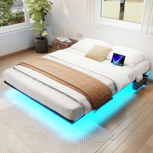 Zevemomo Floating Queen Bed Frame with LED Light, Heavy-Duty Metal Platform Queen Bed Frame Floating with Charging Station, Easy Assembly, No Box Spring Needed, Black Zevemomo