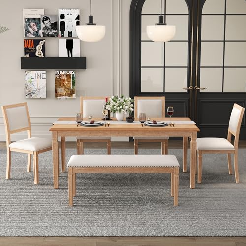 Hlcodca 6-Piece Extendable Dining Table Set with 4 Chairs & Bench, 59 to 72-Inch Rustic Farmhouse Kitchen Table Set with Distressed Finish and Retro Carved Legs (Beige+Natural Wood Wash) Hlcodca