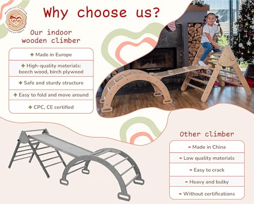 WoodandHearts Montessori Climbing Set - Foldable Triangle Climber with Slide, Ramp, Arch - Wooden Toddler Climbing Toys Indoor Playground Jungle Gym for Kids Age 2-8 Wood And Hearts
