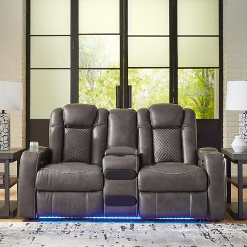 Signature Design by Ashley Fyne-Dyme Contemporary Power Reclining Loveseat with Console, USB Charging Ports and Adjustable Headrest, Gray Signature Design by Ashley