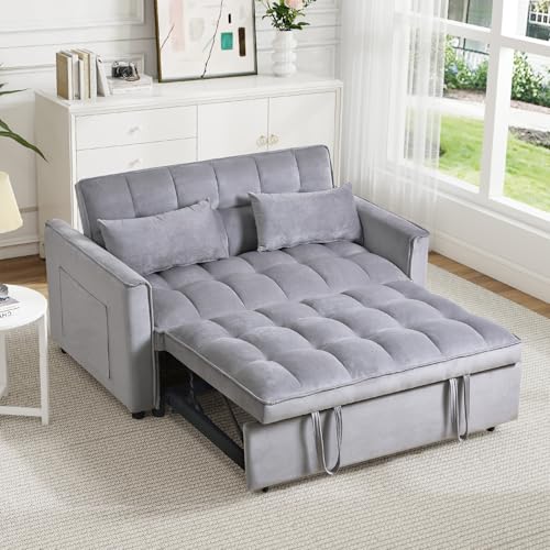 Rovibek 3 in 1 Sleeper Sofa Bed, 53'' Pull Out Couch Convertible Futon Loveseat with Adjustable Backrest, Velvet Sleeper Chaise Lounge Futon for Apartment Office Small Space, Grey Rovibek