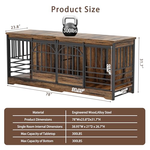 COZPAW 78 Inch Double Dog Crate Furniture, Extra Large Dog Kennel Indoor for 2 Dogs, Heavy Duty Dog Cage with Divider, Wooden Dog House Decorative Table TV Stand for XLarge Dogs (Cognac Brown) COZPAW