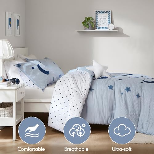 Intelligent Design Kids Cosmos Twin Size Comforter Set – Blue Star and Moon Tufted Chenille, Reversible 3-Piece Bedding with Star Pillow Intelligent Design
