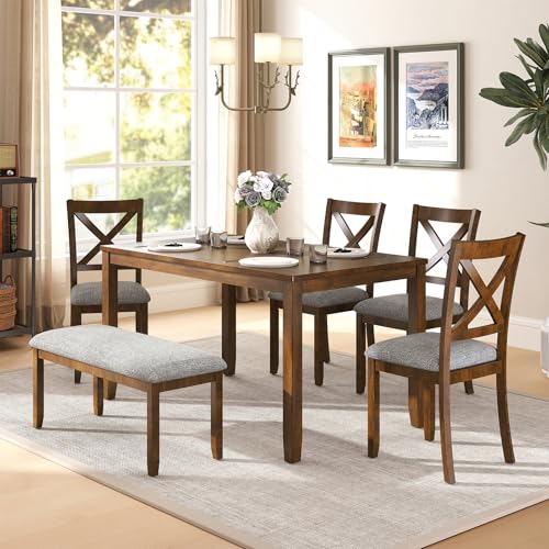 Zevemomo 6-Piece Solid Wood Dining Table Set, Including 1 Dining Table, 4 Upholstered Chairs and 1 Bench, Wooden Dining Table Set for Kitchen, Dining Room, Walnut Zevemomo