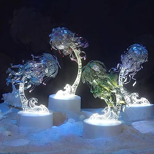 Piececool 3D Metal Puzzles for Adults - Marine Organism Jellyfish Night Light with USB Plug, Hobbies DIY Metal Arts & Crafts 3D Model Building Kits, Creative Gifts & Home Decor