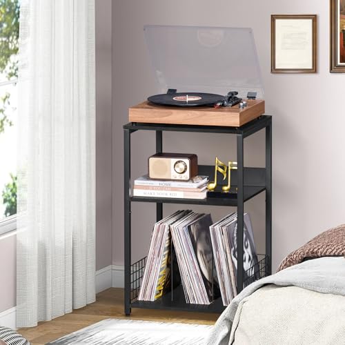 LELELINKY Large Black Record Player Stand, 3 Tier Big End Table with Vinyl Storage Up to 130 Albums, Turntable Stand, Industrial Printer Tables, Modern Side Tables for Living Room, Bedroom, Office LELELINKY