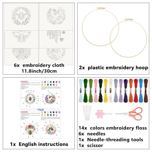 ORIGACH 6 Pack Bees & Flowers Embroidery Kits for Beginners, DIY Starter Hand Embroidery Kit with Floral & Bees Patterns and Instructions for Adults Women Crafting