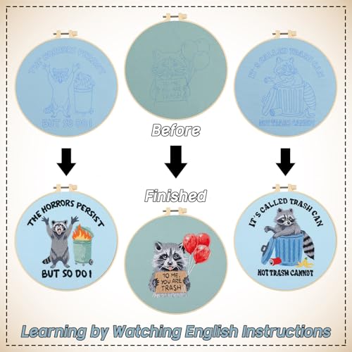 Mindsoft 3 Sets Raccoon Embroidery Kit with Embroidery Hoop Easy Pattern Needlepoint Kit for Beginners and Adults Hand Crafts Needlepoint Set with Needles Thread and Instruction