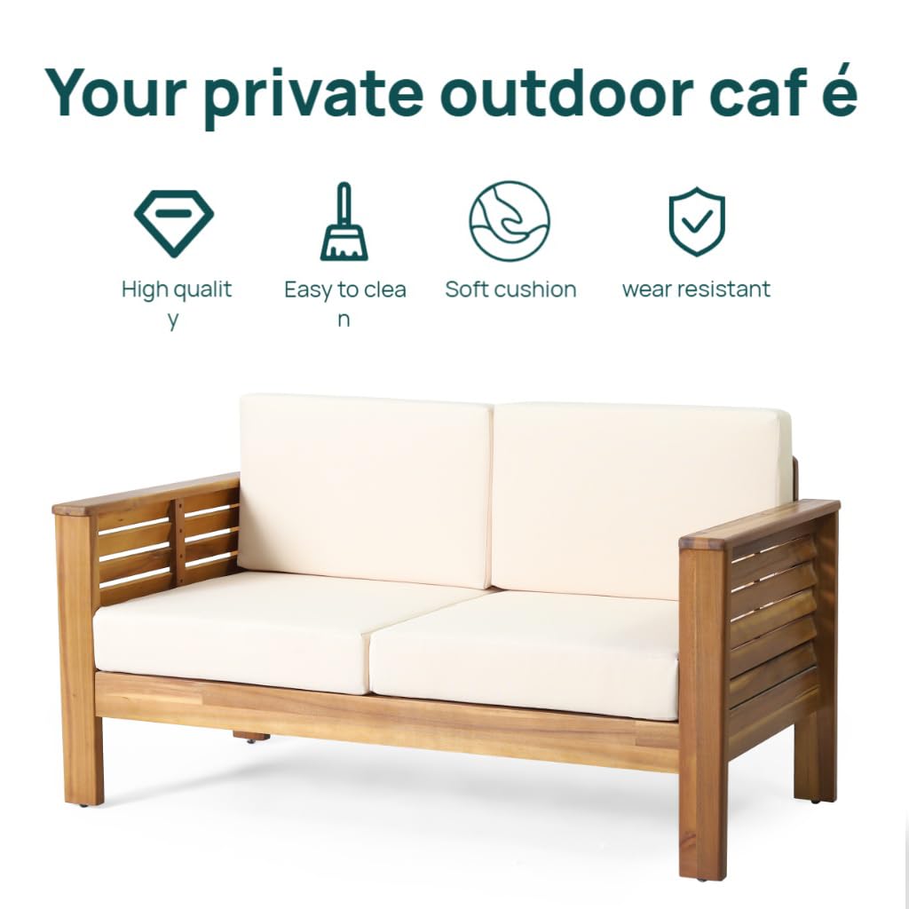 4-Piece Patio Furniture Set: Outdoor Acacia Wood Patio Furniture Set with Loveseat, Sectional Sofa & Coffee Table with Premium Cushions, Durable Conversation Set for Backyard, Garden (4, brown) Usiseem