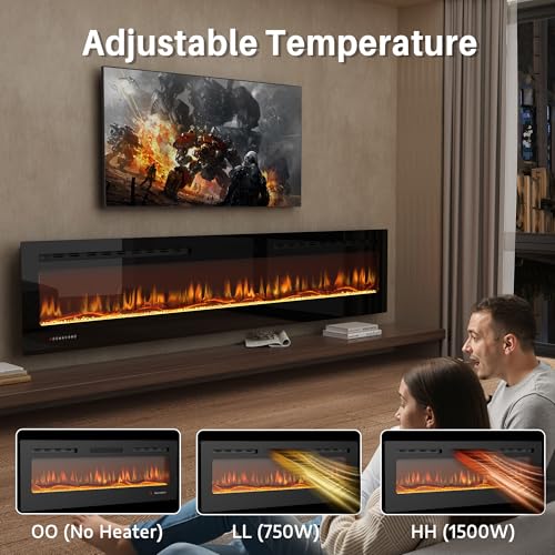 HOMTHING 70" Smart WiFi Electric Fireplace, Wall Mounted & Recessed, App & Remote Control, Ultra-Thin 750W/1500W Fireplace with Touch Screen, 12H Timer, 5 Realistic Flames, Log & Crystal (70" WiFi) HOMTHING