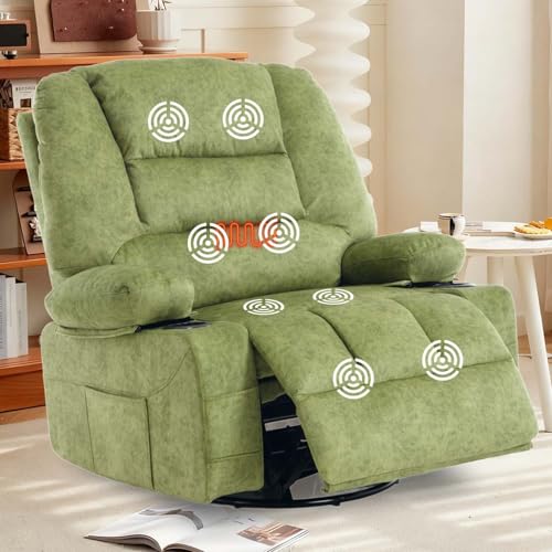KCQ Oversized Swivel Rocker Recliner Chair with Massage Heat Cup Holders Overstuffed Fabric Reclining Glider Chairs for Nursery Manual Rocking Recliner, Green