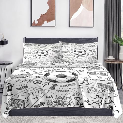 WeCozy Queen Size 4 Pcs Bed Fitted Sheet Set with 14" Deep Pocket, Game Soccer Painting Flat Sheet Set for Kids and Adults, Sport Ball Football Bedding with 2 Pillowcases for Bedroom Decor WeCozy