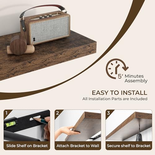 RICHFOCUS 72Inch Floating Shelves for Wall 2 Pack Shelves for Bedroom|Kitchen|Bathroom Wall Mounted Rustic Wood Floating Shelf with Invisible Brackets for Books|Storage|Decor, Rustic Brown RICHFOCUS