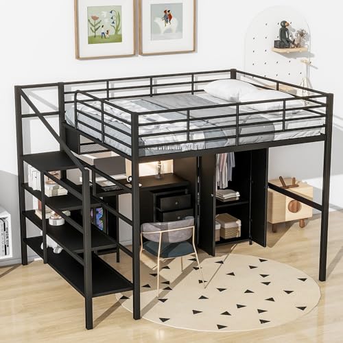 Metal Loft Bed Full Size with Desk, Wardrobe, Storage Cabinet, Ladder,Stairs and Guardrail, Sturdy Framework, No Noise Merax