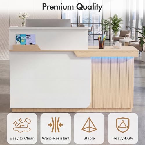 Kikihouse Modern Reception Desk with LED, 63” Fluted Front Desk with Lockable Drawer, Cabinet and Sliding Tray, Large Reception Counter Table for Office Lobby Nail Salon Clinic (Maple) Kikihouse