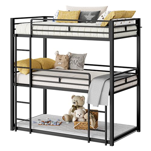 LIKIMIO Bunk Bed, Triple Bunk beds Twin Over Twin Over Twin with 2 Ladders, Metal Frame with Guardrails for Bedroom, No Box Spring Needed, Black LIKIMIO
