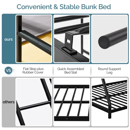 VINGLI Bunk Bed Twin Over Twin for Kids, Teens and Adults,Metal Bunk Bed with Ladder and Flat Rungs, Heavy Duty Metal Slats Support, No Box Spring Needed, for Dorm,Bedroom,Black VINGLI