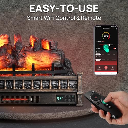 TURBRO Eternal Flame 30 in. WiFi Infrared Quartz Electric Fireplace Log Heater with Sound Crackling, Realistic Pinewood Logs, Adjustable Flame Colors, Remote Control, Thermostat, Timer, 1500W, Bronze TURBRO