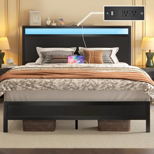 Fluest Queen Bed Frame with Headboard & Footboard, Bed Frame with Built-in Charging Station & LED Light, Storage Shelf, Noise-Free, No Box Spring Needed, Easy Assembly, Classic Black Fluest