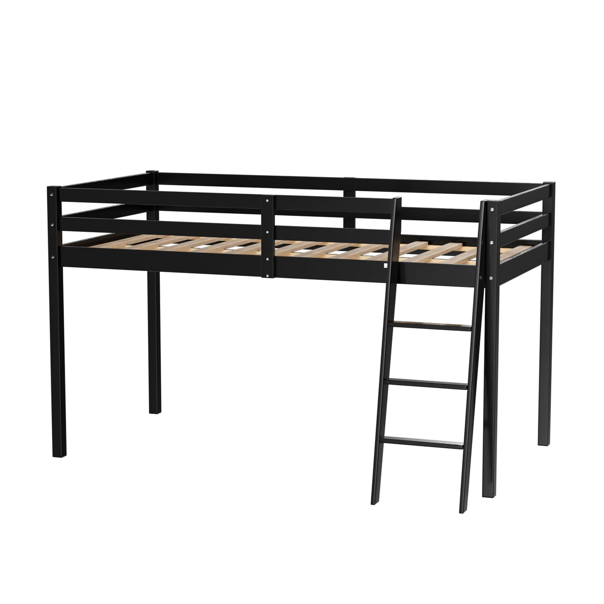 Bonnlo Low Loft Bed Twin Size with Inclined Stairs, Junior Loft Bed with High Guard Rail for Kids/Young Teens/Adults, Solid Wood Low Bunk Bed Twin Size Black, No Box Spring Required Bonnlo