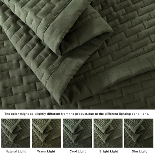 WDCOZY Olive Green King Size Quilt Set, Geometric Box Lightweight Bedspread, Soft Farmhouse Rustic Coverlet, Spring Summer Thin Comforter, Country Bedding, 104x90 inches WDCOZY