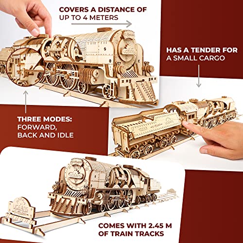 UGEARS 3D Puzzles for Adults - V-Express Steam Train with Tender Idea- 3D Wooden Puzzle Model Kits for Adults and Teens Building Kit Wooden Model Kits UGEARS