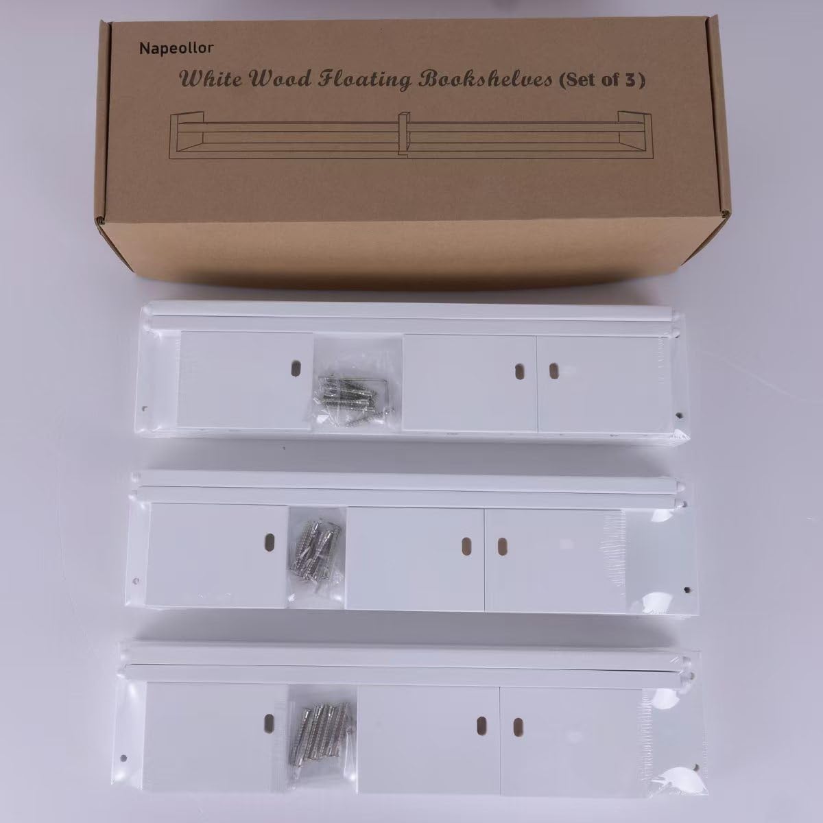 White Nursery Bookshelves,32Inch, Floating Nursery Shelves - Set of 3 - Book Shelf Organizer for Baby Nursery Room Decor, Wall Shelves for Kitchen Spice Rack, Pine Napeollor