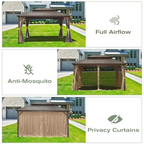 Domi Hardtop Gazebos 10x14FT, Aluminum Metal Gazebo with Galvanized Steel Double Roof Canopy, Curtain and Netting, Permanent Gazebo Pavilion for Patio, Backyard, Deck and Lawn, Brown domi outdoor living