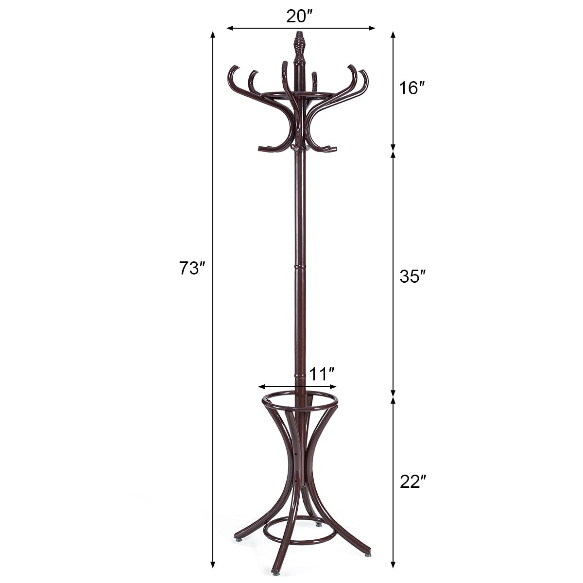 GOFLAME 73" Coat Rack Freestanding, Wooden Coat Tree with 12 Hooks and Umbrella Stand, Entryway Hall Tree, Hat Hanger Organizer, Coat Rack Stand for Coats, Hats, Scarves, Bags, Easy Assembly, Brown GOFLAME