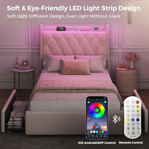 Twin LED Velvet Bed Frame with 2 Storage Drawers&Hidden Headboard, Upholstered Platform Bed with Charging Station&Button Tufted Design, Wooden Slats Support, Box Spring Optional, Easy Assembly, Beige Jocoevol