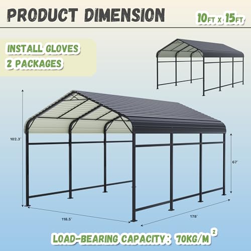 Greesum 10x15FT Metal Carport with Heavy Duty Frame and Galvanized Steel Roof, Round Carports with Side Support Rods, Canopy Shelter for Car, Pickup Trucks, Boats and Tractors, Party, Gray Greesum