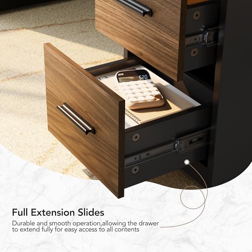 HUANUO 63 Inch L Shaped Standing Desk, Electric Executive Height Adjustable Desk with Storage Drawers, Reversible Design Computer Workstation for Home Office, Black Walnut HUANUO