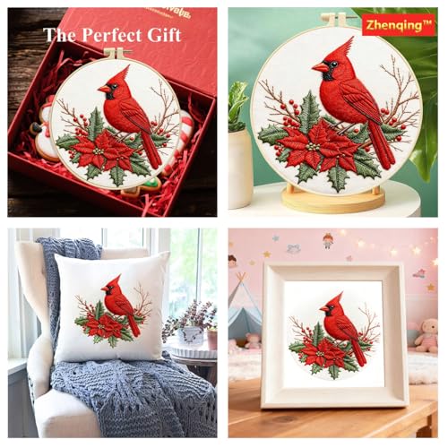 Zhenqing Red Bird Embroidery Kit for Beginners, Pre-Printed 29x29cm Cotton Fabric with 20cm Hoop, Vibrant Holly and Berries Winter Design (C0202)