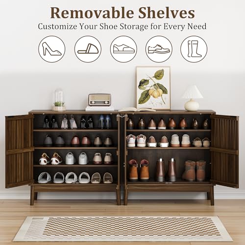 Morwdxef Shoe Cabinet with Slatted Doors, 4-Tier Freestanding Shoe Cabinet Storage for Entryway, Narrow Entryway Shoe Organizer Cabinets with Shelves (Walnut, 31.5" Wide) Morwdxef