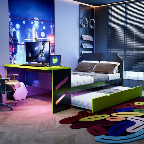 Harper & Bright Designs Full Size Gaming Platform Bed with Desk and Trundle, Wooden Daybed Frame with USB (Green) Harper & Bright Designs