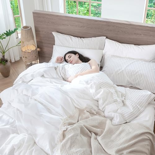 MooMee Bedding Duvet Cover Set 100% Washed Cotton Linen Like Textured Breathable Durable Soft Comfy (Solid Bright White, Queen 90"x90") MooMee