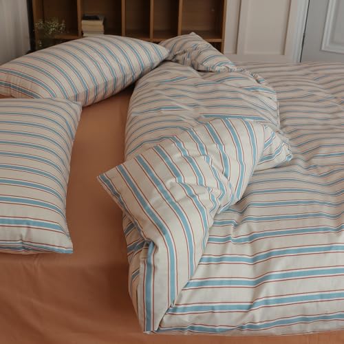 Blue Striped Duvet Cover Set Full 100% Cotton Retro Stripes Pattern 3 Pieces Bedding Set Blue Brown Striped Comforter Cover Minimalist Soft Breathable Duvet Cover with Zipper Closure & Corner Ties LifeTB