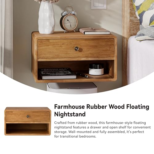 COZAYH Farmhouse Rubber Wood Floating Nightstand with Drawer and Open Shelf, Transitional Wall Mounted Side Table with Open Slot for Bedroom, Fully Assembled (Natural) COZAYH