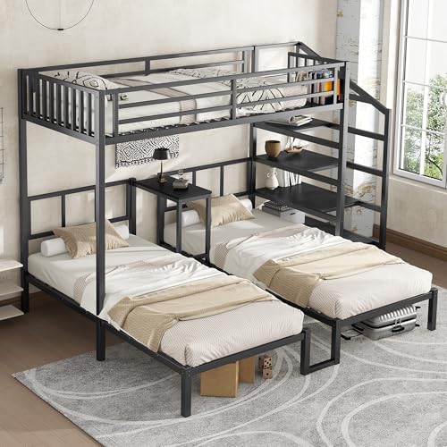 Bellemave Twin Over Twin Over Twin Bunk Bed for 3 Kids, Heavy Duty Triple Bunk Beds with Storage Stairs, Desk and Guardrails, Noise Free Design Triple Bed Frame, Black Bellemave
