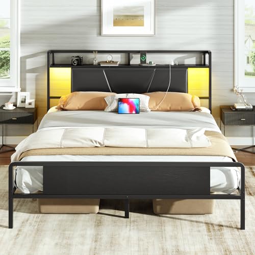 RALGEND Queen Bed Frame with Headboard, LED Upholstered Bed Frame with Charging Station, Metal Platform Bed with Under Bed Storage, No Box Spring Needed, Noise Free, Easy Assembly, Black RALGEND