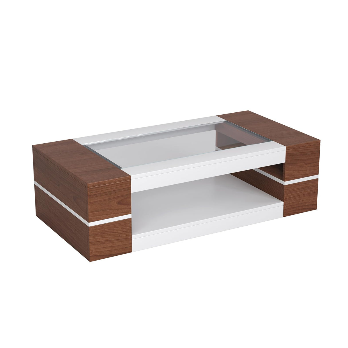 HedoAjim 47.2" Modern Stylish Coffee Table with Glass Table Top, Large Living Room Table Rectangular 2-Tier Center Tables with Storage, Wood Cocktail Tea Tables for Dining Reception Room, White Walnut HedoAjim