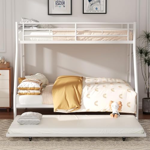 Shintenchi Twin Over Full Size Bunk Bed with Trundle, Heavy-Duty Metal Frame, 2 Ladders & Full-Length Guardrail, Space-Saving Sleep Solution for Kids/Teens/Adults, White Shintenchi