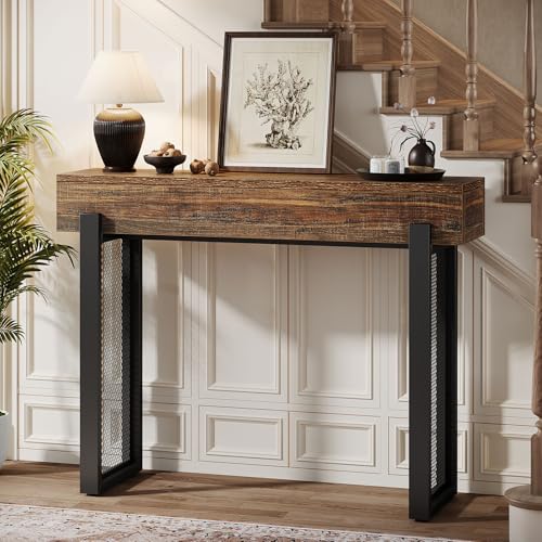 Tribesigns 41" Narrow Entryway Table, Wooden Console Table with with Storage, Industrial Small Sofa Table with Mesh Metal Legs for Foyer, Hallway, Entryway, Living Room, Rustic Brown & Black Tribesigns