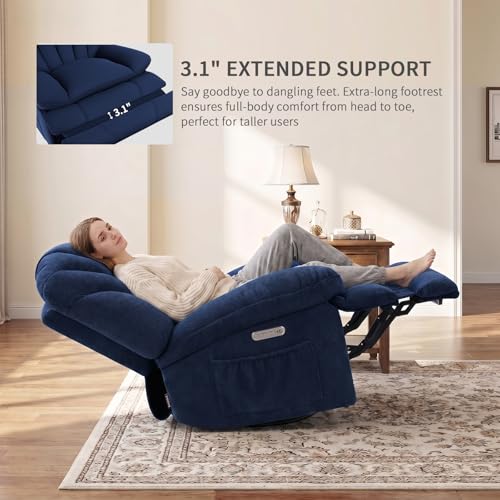 EONIX Dual Motor Power Swivel Rocking Recliner Chair for Living Room, Armless Oversized Shell Shape Lazy Boy Rocker Recliner, Plush Fabric Thickened Cushion, Elevated Soft and Comfort, Navy Blue