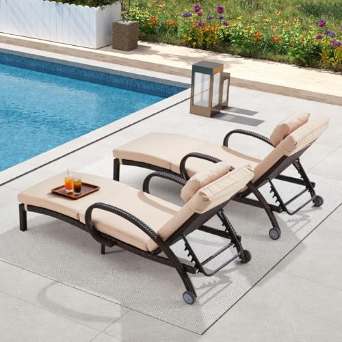 Lanonuvia Pool Outdoor Lounge Chairs Set of 2,Outdoor Chaise Lounge w/ 5 Adjustable Back,Wicker Patio Pool Lounge Chair with Wheels for Poolside Deck Lawn,Khaki