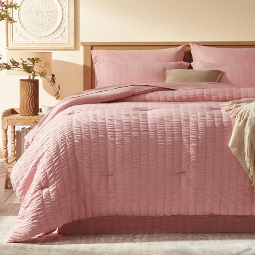 Laojin Balhen Twin Comforter Set 5 Pieces, Pink Seersucker Bed in a Bag Set Twin Size, All Season Luxury Bedding Sets with Comforter, Sheets, Pillowcase & Sham Laojin Balhen
