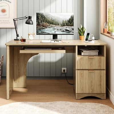 Bestier Computer Desk with Drawer, 55 inch Office Desk with Power Outlet, Modern Home Office Desk with Keyboard Tray (Natual Oak, 55" W with Single-Sided Drawers)