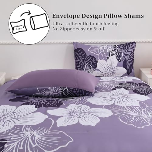 Menghomeus Queen Comforter Set Dark Purple Floral Bedding Comforter Sets - Soft Microfiber Bed Comforter Set for All Season, 3 Piece Botanical Flowers Comforter, Pillowcases Menghomeus